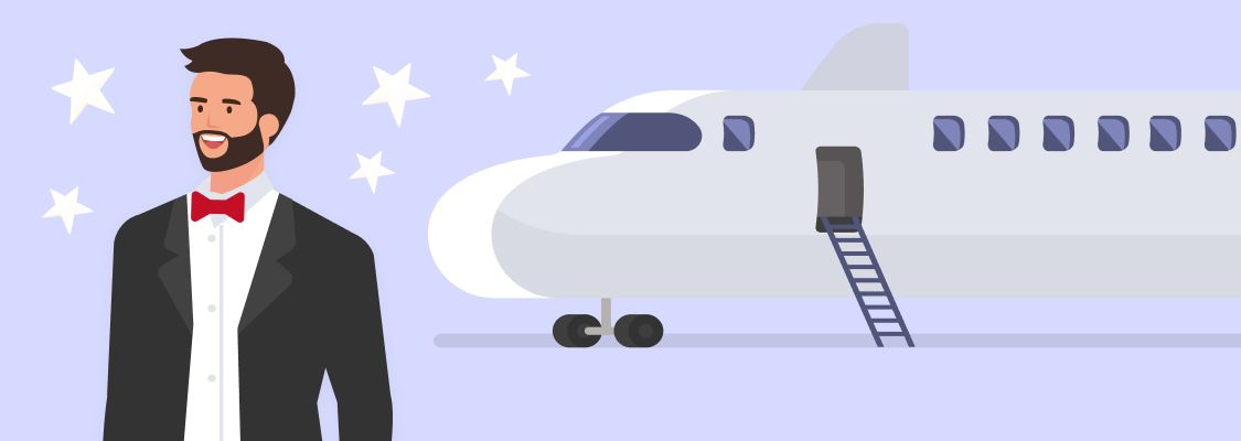 Person wearing a suit standing by an airplane