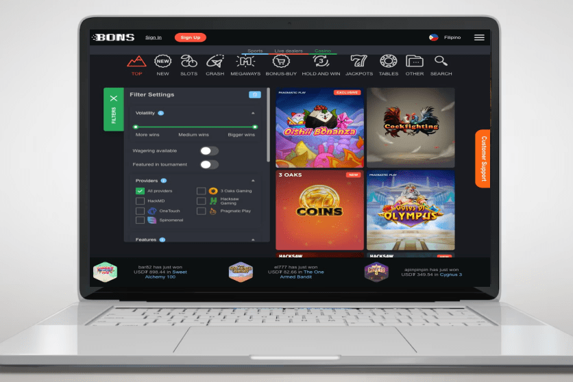 Bons Casino on a laptop screen