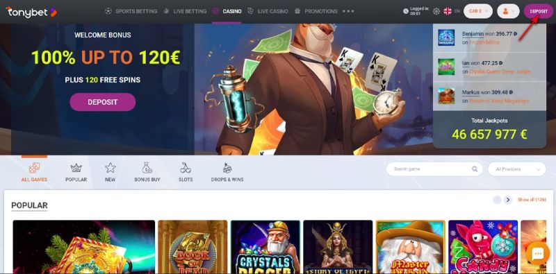 Deposit to Tonybet casino
