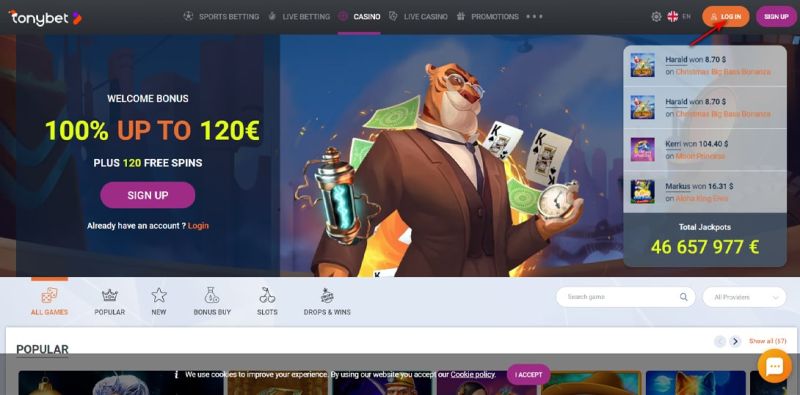 Log in to Tonybet casino