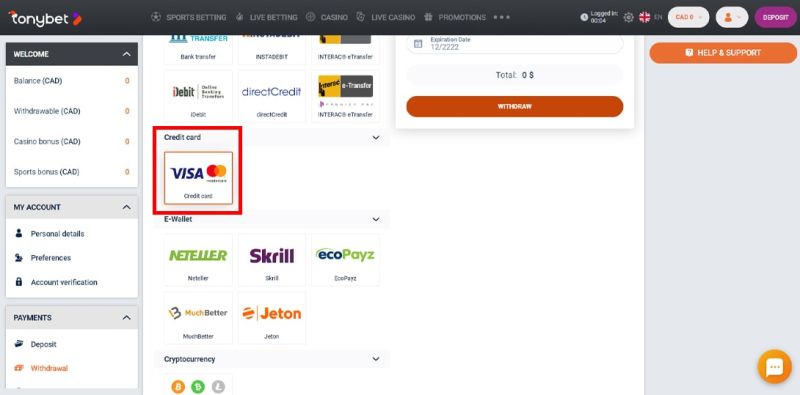 How to withdraw money to credit card Tonybet