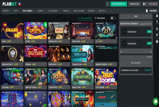Planbet casino games selection