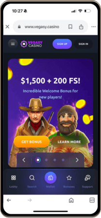 Vegasy casino on mobile phone